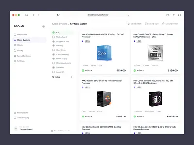 PC Builder App Pt.2 builder cards clean computer dash dashboard design interface manage minimal modern nav product simple tech tool ui ux web web app