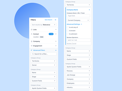 Advanced Filters analytics apollo dashboard dropdown filter filter by filter dropdown filtering filters hubspot nest nested filters outreach saas salesforce search sidebar sort by sorting zoominfo