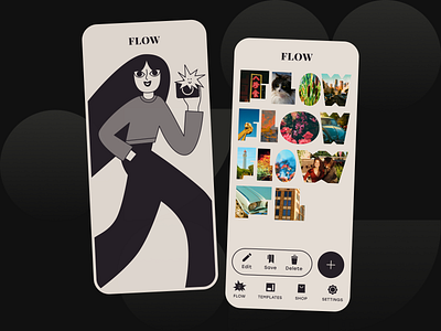 Flow Photo Editing App 30s black and white branding brutal brutalism cartoon illustration colorless editing app editor flow illustration ios guidelines layout mobile app monochromatic photo editing app photo editor style vector vintage