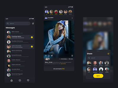 Social Media black theme iuux khovrenkojr mobile app mobile design mobileui mobileux social app socialmedia ui uxdesign