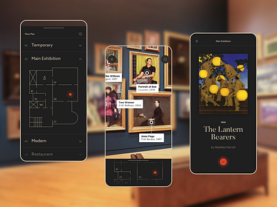 Art Gallery Tour AR app - concept design app ar art gallery artist augmented reality dark mode details view drawer education exhibition floor plan ios app map marker mobile app museum museum plan painting serif font swipe interaction