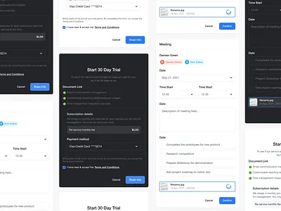 Project Management UI pt.2 cards check clean components dark dark ui design elements interface light management minimal modal schedule simple trial ui ui design ux web