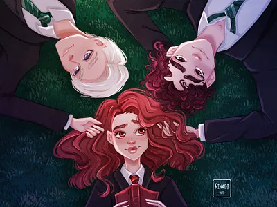 Hermione Granger and cute boys character art character design cute girl girl grass harrypotter harrypotterart hermione illustration peopleart
