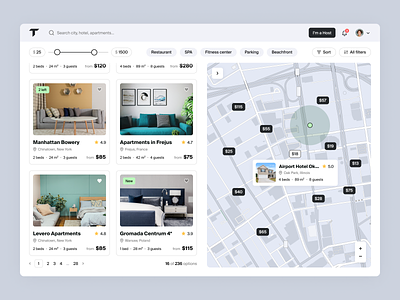 Tranlo platform apartments dashboard filters hotels interface map pin platform travel ui web