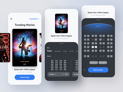 Cinema Tickets App app cards cinema clean dark design entertainment figma flat gallery illustration interface minimalist movie navigate screen seats tickets ui ux