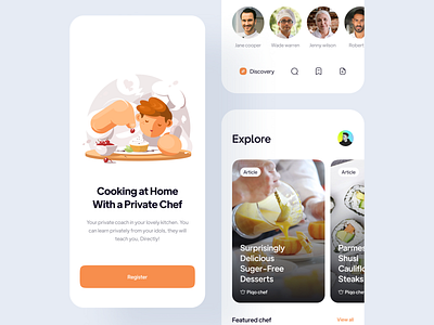 Cooking App UI app chef concept cook cooking cooking app design food app ios app learn cooking minimal minimalist mobile mobile app mobile app design private chef recipe recipes uiux uiux design