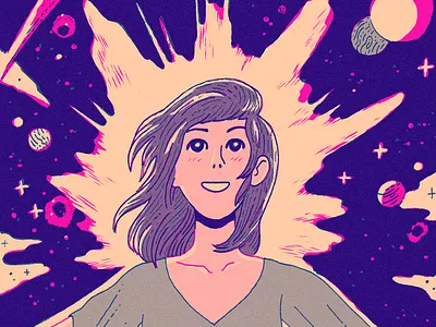 Galaxy Girl blue drawing illustration pen and ink pink purple riso riso print risograph space two color