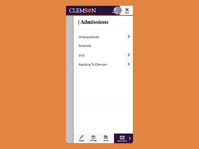 Clemson.edu Mobile Menu clemson higher education mobile ui web design