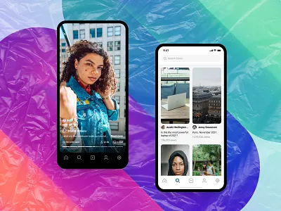 Social Media App app application article blog design gradient grid layout mobile overlay post preview product profile search social social media story tag vlog