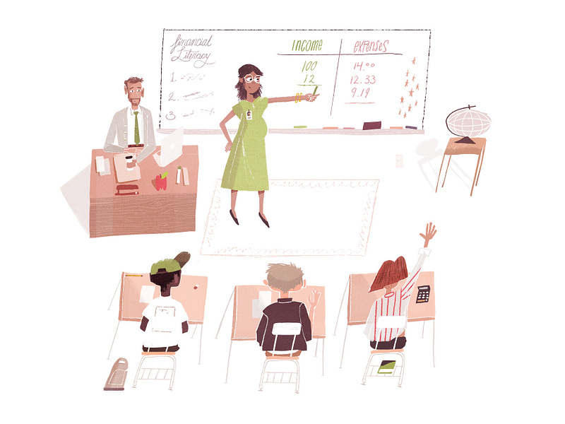 Strong brain apple character children community desk dress education female glasses globe illustration kids lecture pointing pregnant school teacher