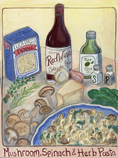 Mushroom & Spinach Pasta Recipe for How to Help the Planet Week foodillustration ill illustration painting watercolor