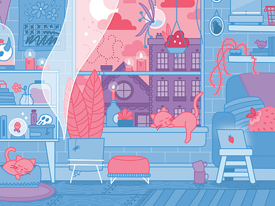 ISOLATION BLUES blue cat illustration interior interior design isolation living room lockdown pink plants purple room room details room scene skull vector