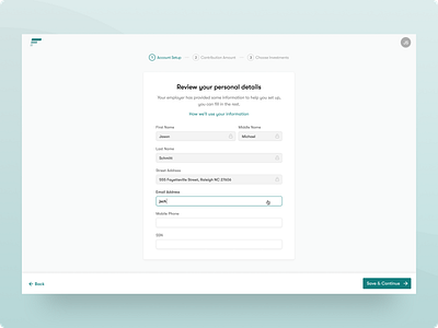401(k) Personal Details Form 401k account admin design financial fintech flow form investing investments mobile product design reitrement retired signup transaction ui ux web design wizard