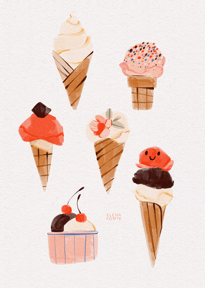 Ice Cream Cones - Cute Gouache Illustration childrens illustration chocolate ice cream dessert frozen yoghurt frozen yogurt frozen dessert gelato gelato ice cream gouache painting ice cream ice cream cone ice cream illustration illustration isje kids illustration painting strawberry ice cream summer treat