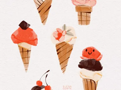 Ice Cream Cones - Cute Gouache Illustration childrens illustration chocolate ice cream dessert frozen yoghurt frozen yogurt frozen dessert gelato gelato ice cream gouache painting ice cream ice cream cone ice cream illustration illustration isje kids illustration painting strawberry ice cream summer treat