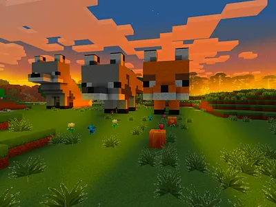 Minecraft Fox in a Field, Sunset in Minecraft, Pixel Animals 3d animation art branding build craft design free minecraft game art game design games gaming graphic design illustration landscape logo minecraft motion graphics pixel art realmcraft ui