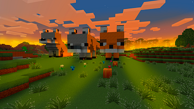 Minecraft Fox in a Field, Sunset in Minecraft, Pixel Animals 3d animation art branding build craft design free minecraft game art game design games gaming graphic design illustration landscape logo minecraft motion graphics pixel art realmcraft ui