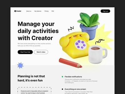 Landing | Creator 3d 3d animation 3d illustration animated animation clay design desire agency graphic design illustration landing page motion motion design motion graphics rotary dial telephone time planner time planning ui web site website