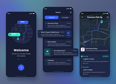 Logistic Delivery App app clean dark delivery icons interface map notifications onboarding road tracking ui ux