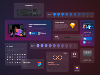 UI Elements for Vectornator branding component library dark mode dark theme design design kit design language design system gradients