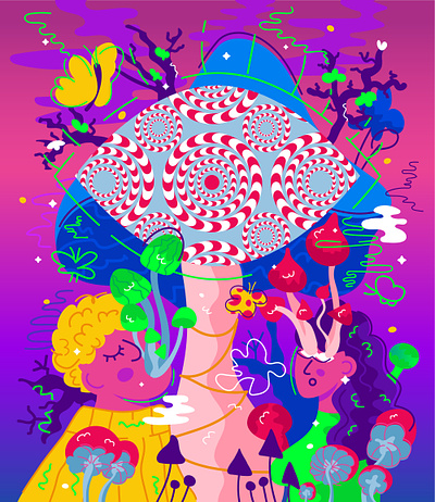 psychedelic trip. silpo x marco cartoon character decoration delusions design flat graphic design illusion illustration interrior mushroom optical illusion people psychedelic silpo store trip vector сильпо сільпо