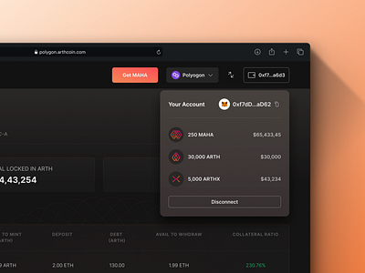 User Wallet Flow - ARTH Protocol blockchain card component clean ui crypto crypto wallet dark mode defi desktop ux wallet web3.0