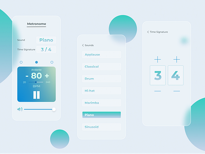 Metronome - Glassmorphism Mobile App (Rebound) app blue clean figma glass glassmorphism green light metronome minimal minimalism mobile rebound shot ui ux web white глассморфизм