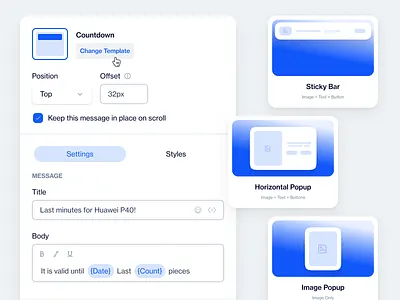 Easily Change Template app blue change template dashboard design editor panel marketing automation popup settings panel style panel template web app