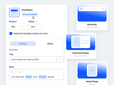 Easily Change Template app blue change template dashboard design editor panel marketing automation popup settings panel style panel template web app