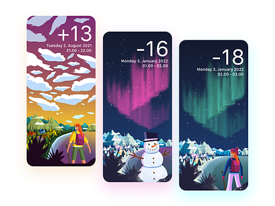 Weather App Concept (2) app aurora branding cartoon clouds design flatdesign icon icons illustration northern lights sketch snow snowman summer sun sunset ui weather winter