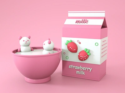 Strawberry Milk 3d 3d design 3d designer animal art bear branding cinema 4d cup design drink ear fruit graphic design illustration logo milk panda pink strawberry