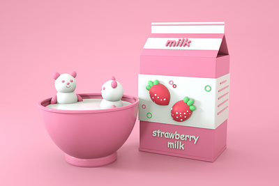 Strawberry Milk 3d 3d design 3d designer animal art bear branding cinema 4d cup design drink ear fruit graphic design illustration logo milk panda pink strawberry