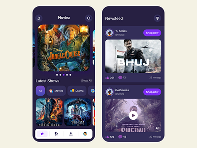 Entertainment App I Home & Newsfeed app home screens app screens application broadcasting app buy tickets dark mode downloads entertainment entertainment app mobile app mobile app mockup movie movieapp newsfeed online streaming ott app shop now streaming app ui design uiux