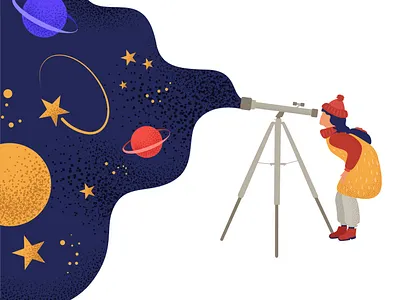 The girl looks at space through a telescope. flat
