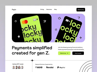 payments for gen z: landing page bank banking cards design finance fintech fintech design gen z global payments homepage landing page payments payments website product website site web web page webflow website website design