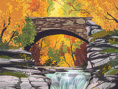 Old Man's Cave 2d autumn bridge digital painting fall illustration landscape national park procreate retro state park tree vintage waterfall works progress administration wpa