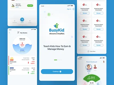 BusyKid Mobile UI Design app design business learning charity child child development child game children chores earning money finance finance larning finance saving game investing investment learning kid gaming tool kid learning app mobile design stocks ui