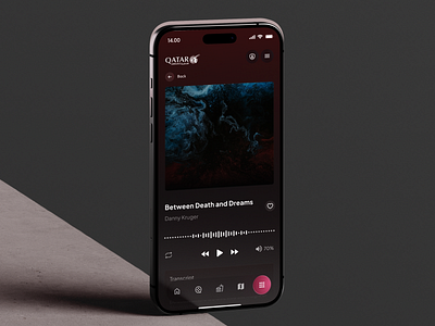 Qatar Airways - In-flight Entertainment - Podcast - Mobile app clean dark mode design entertainment ife in flight minimal music plane podcast qatar saas streaming transcript ui ux