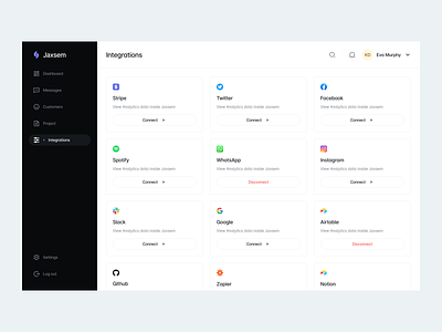 Jaxsem ✶ Integrations dashboard integrations design figma integration integrations saas ui ux