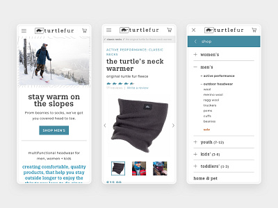 Turtle Fur - Mobile adventure apparel ecommerce menu mobile outdoors responsive shopify web design website
