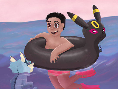 A wild pokemon has appeared artwork digital art digital illustration digital painting hellzes illustration ilustración mar nintendo ocean pink pokemon pool float sea swimming umbreon vaporeon