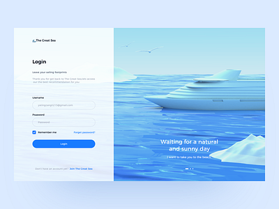 The Great Sea x C4d 3d blue c4d interface login page sea ship ui uiux ux web website design