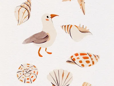 Gouache Painting of Sea Shells beach flower beach illustration beach painting by the sea colored pencil gouache painting plumeria flower sea illustration seagull seagull illustration seagull painting shell illustration shells shells painting textured brush strokes