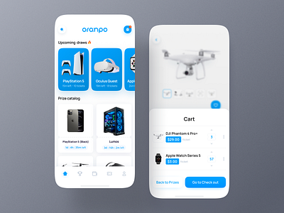 Oranpo. Purchase tickets to win the prize account app blue cards design filters ios mobile navigation ui ux