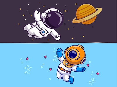 Astro and Diver🧑🏻‍🚀🪐🌊 astronaut beach bubble character cute diver flying helmet icon illustration king logo planet saturn sea space spacesuit star fish water