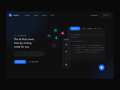 Codeblock - Ai powered code assistant ai blur branding clean code dark design figma glass graphic design landing page logo minimal modern programming ui