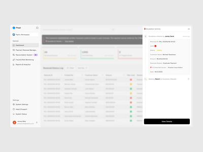 Phaid - Escalation Activity ai b2b dashboard escalation finance fintech payment reconciliation refund reversal