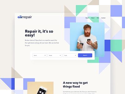 Aiirrepair - startup landing page bold typography branding british startup call to action colors desktop geometric pattern headline home page landing page logo patterns repair search service smartphone startup web design