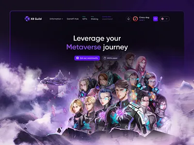 GameFi Guild Platform Landing Page animation blockchain character gamefi gameing guild hero banner jak manip manipulation metavers navbar parallax web design