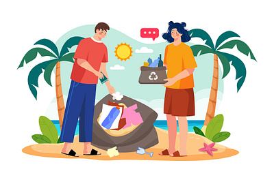 Couple Collecting Waste From The Beach leaf